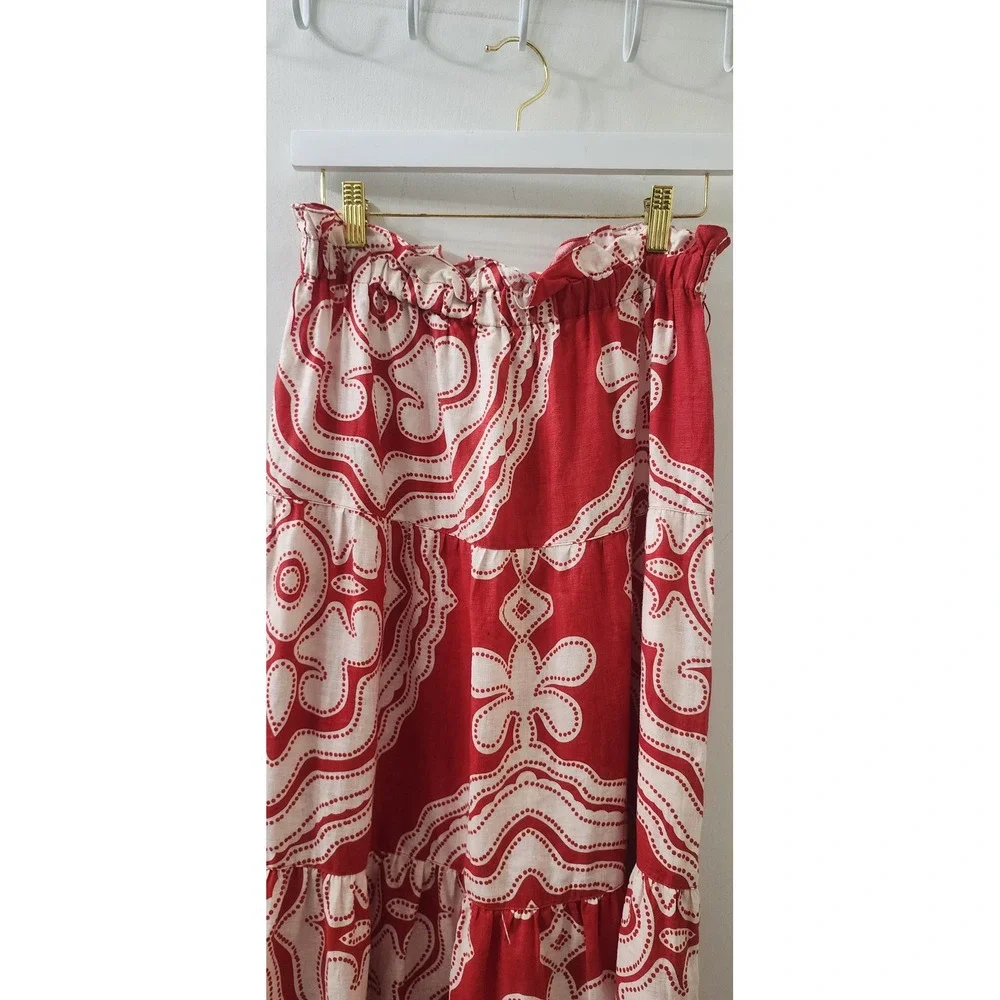 Lemlem by Liya Kebede Red White Linen Tiered Maxi Skirt Paisley Paperbag Waist S